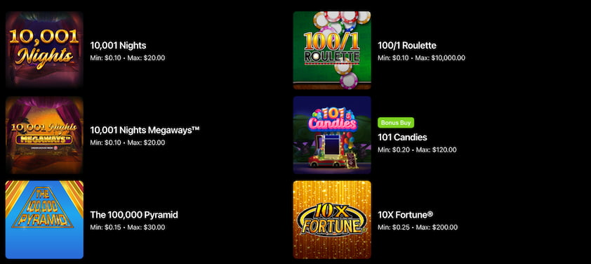 Fanatics Casino games preview with 10,001 Nights, 100/1 Roulette, 101 Candies, and other featured slots