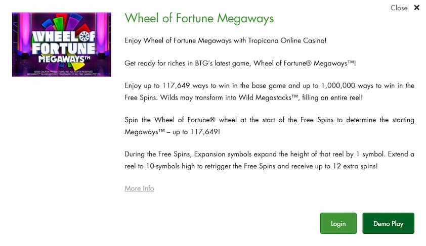 Tropicana Casino Game Information Menu