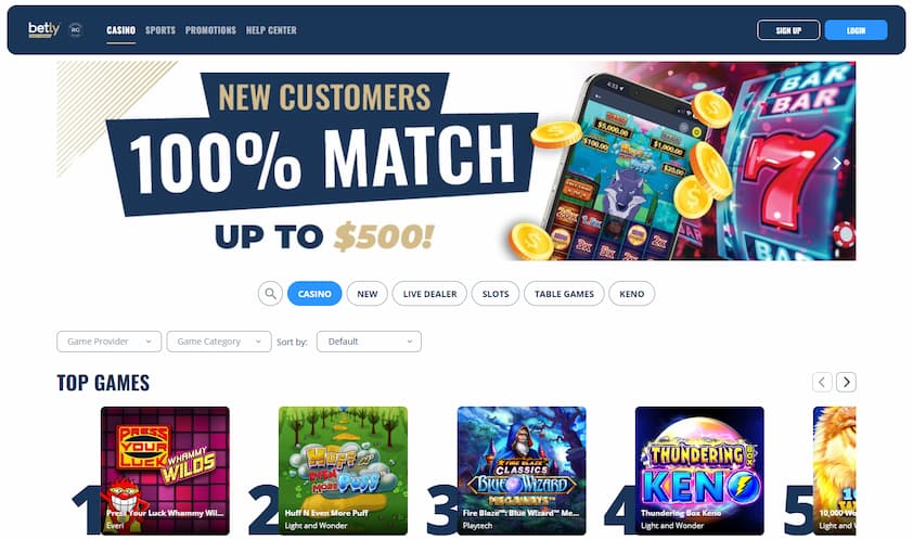 Betly Casino homepage with feature games and main bonus offer