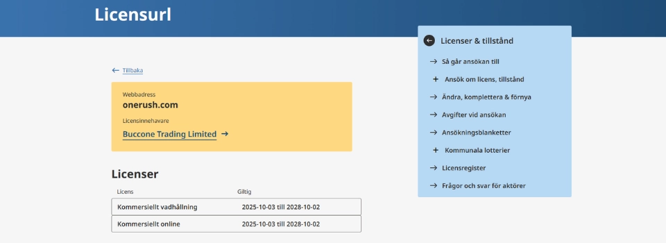Onerush licens från Spelinspektionen