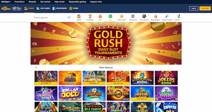 BetRivers Casino Michigan website with promo offer and new casino games