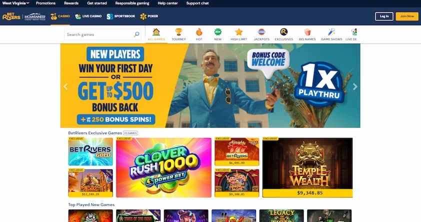 West Virginia BetRiver Casino website with bonus offer banner and exclusive games