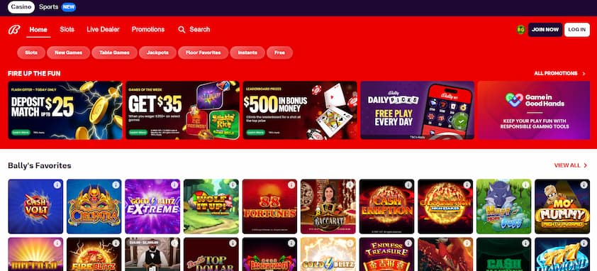 Bally Bet Casino Desktop Bally Bet Casino homepage with bonus offers and popular titles