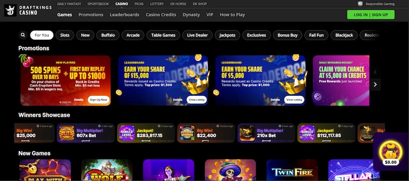 DraftKings Casino Homepage DraftKings Casino Review homepage with promotions and feature games