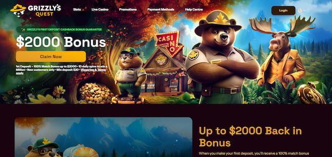 Grizzly&rsquo;s Quest Casino homepage with bonus offer