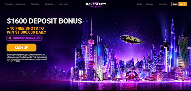Jackpot City Casino homepage with bonus offer