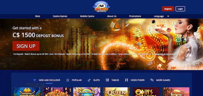 All Slots Casino homepage with bonus offer and best slot games