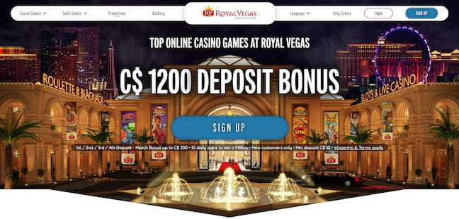 Royal Vegas Casino homepage with bonus offer