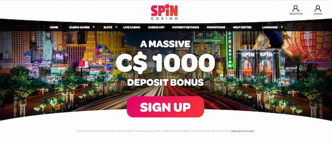 Spin Casino homepage with bonus offer