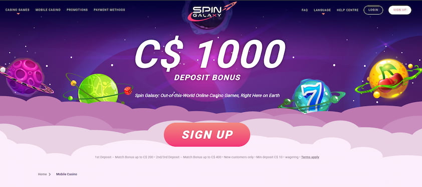 Spin Galaxy Casino homepage with bonus offer