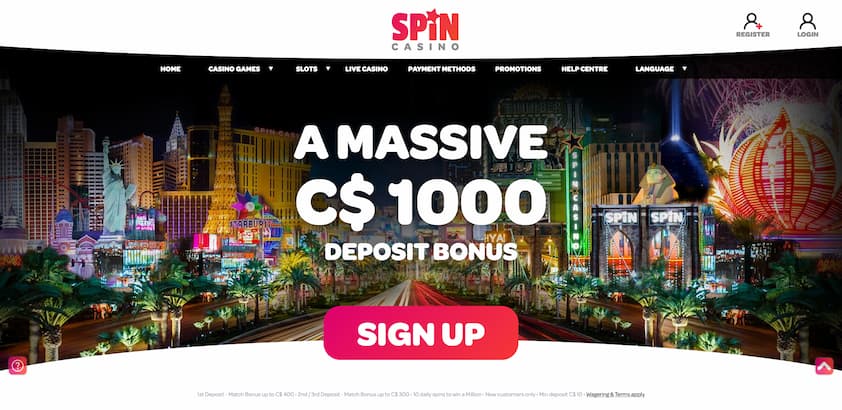 Spin Casino Homepage Spin Casino homepage with bonus offer