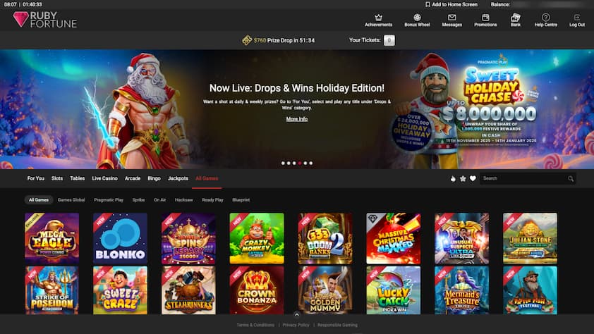 Ruby Fortune casino homepage with exclusive games
