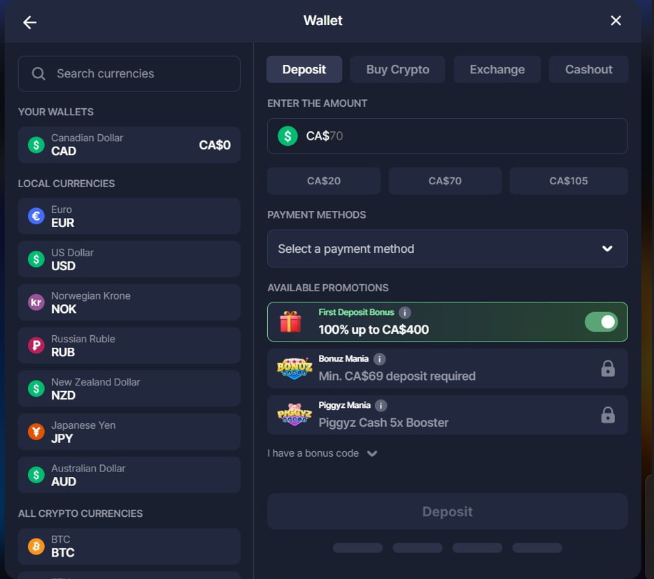 BitStarz Deposit Methods BitStarz Casino deposit methods during sign-up process to claim welcome bonus