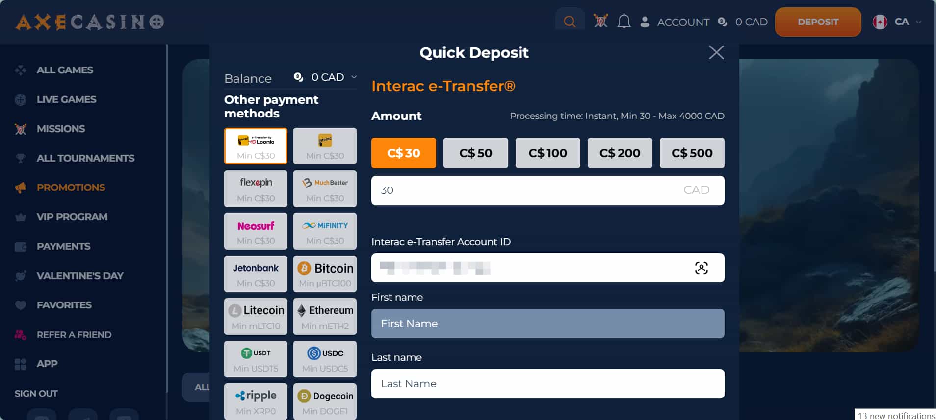 Axe Casino deposit methods - quick deposits with Interac e-Transfer
