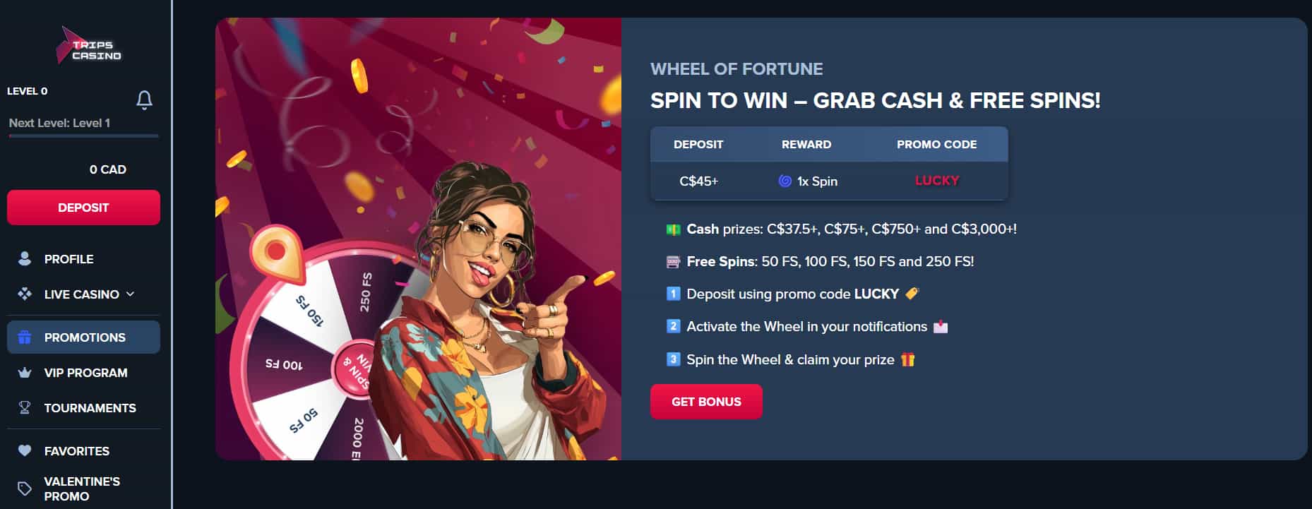 Wheel of Fortune Bonus for Existing Players at Trips Casino