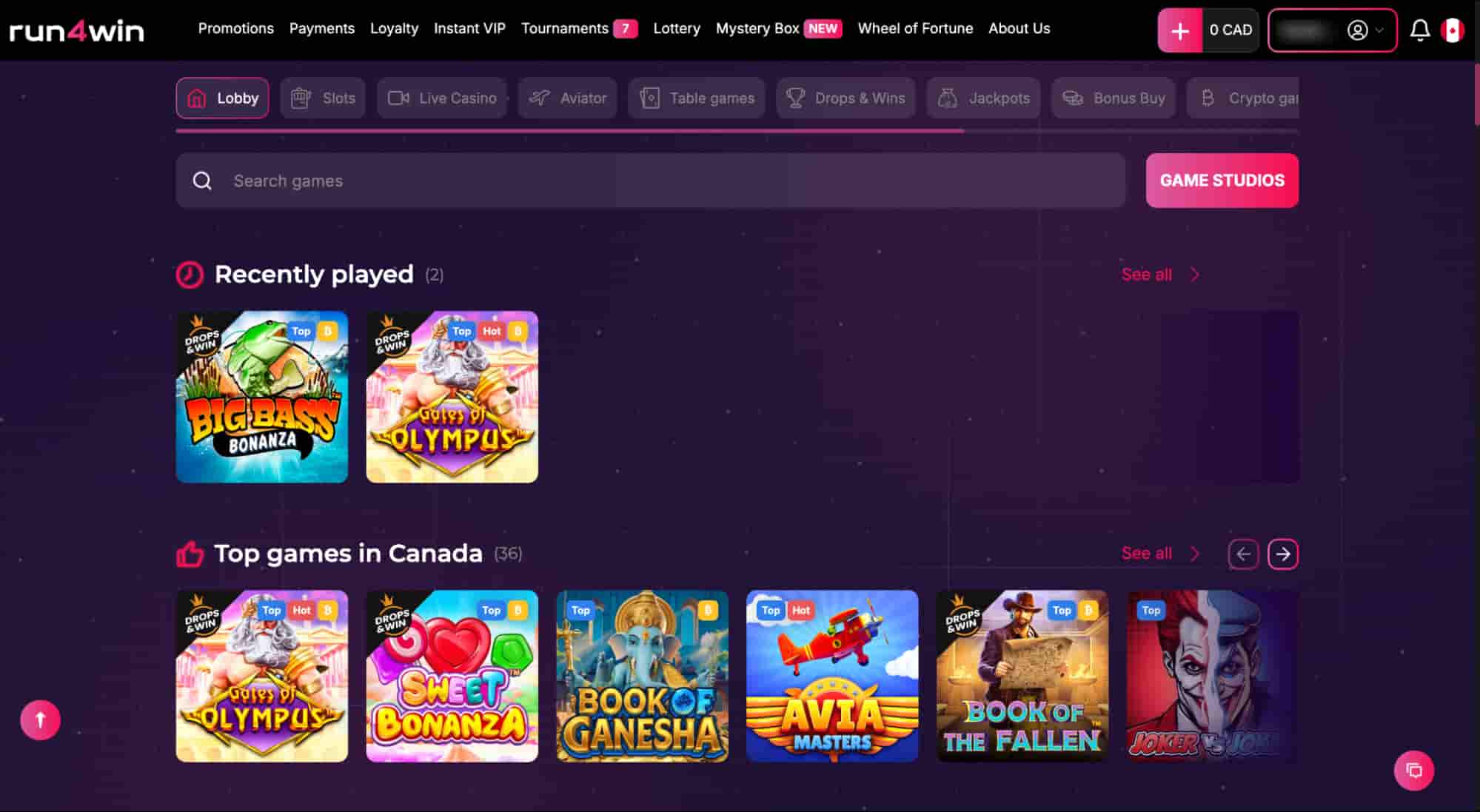 The user experience at Run4Win Casino from a desktop