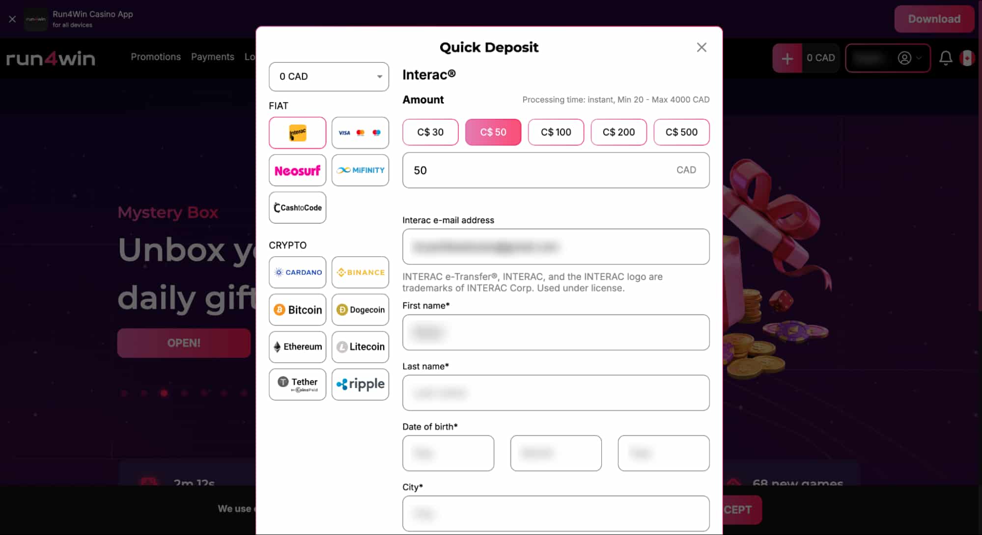 Quick Deposit Methods During the Sign-Up Process at Run4Win Casino