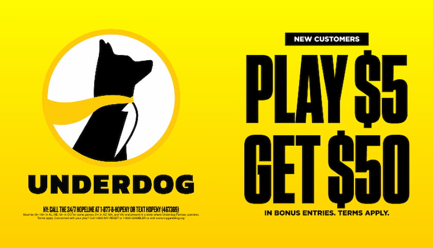 Underdog Fantasy bonus offer promo image play $5, get $50