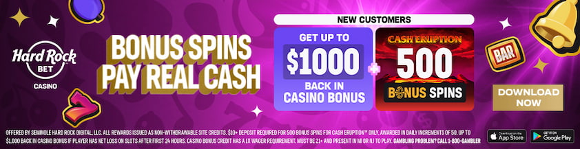 Hard Rock Bet Casino Welcome Offer Get up to $1,000 + 500 Bonus Spins