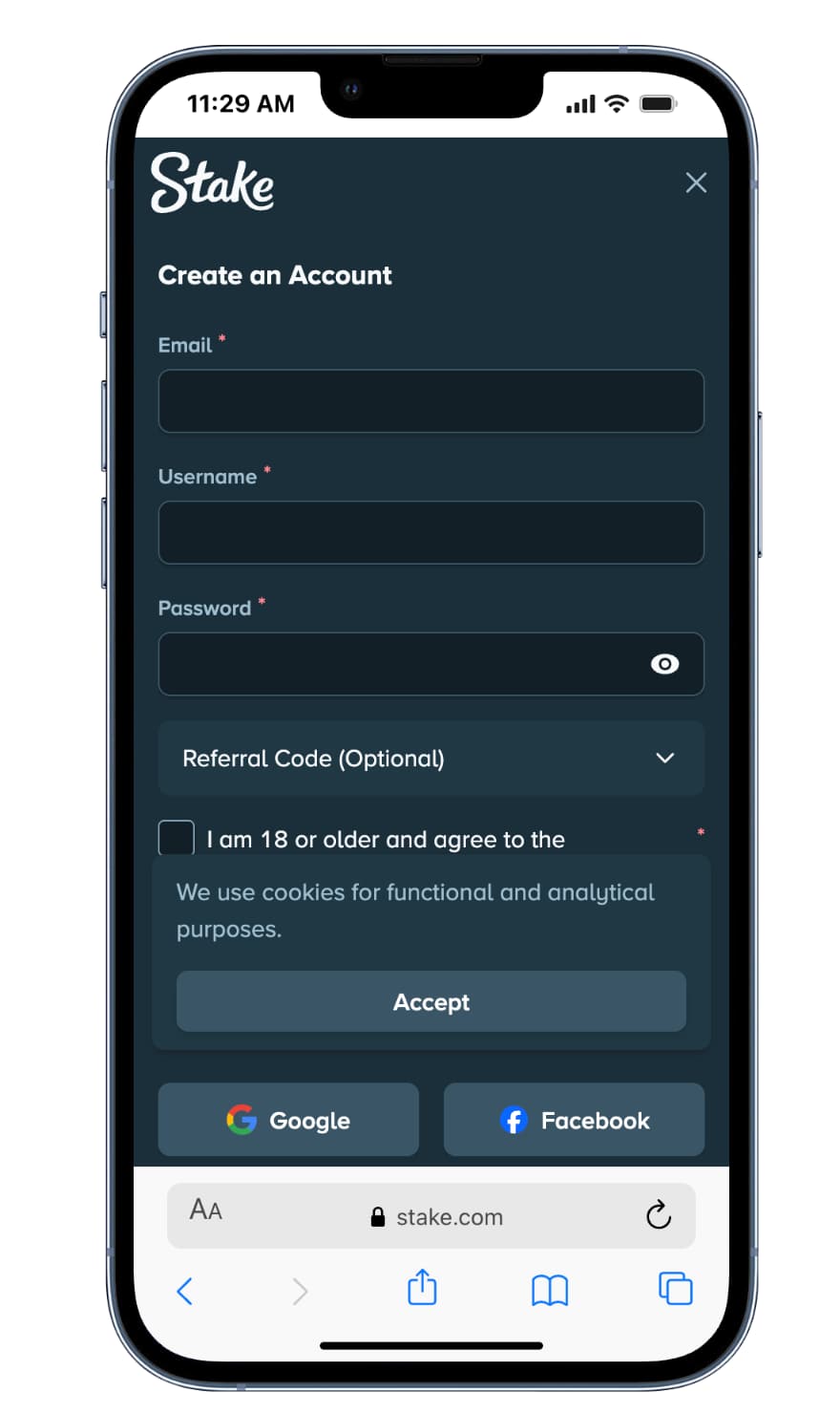 Sign up form for Stake Casino Canada