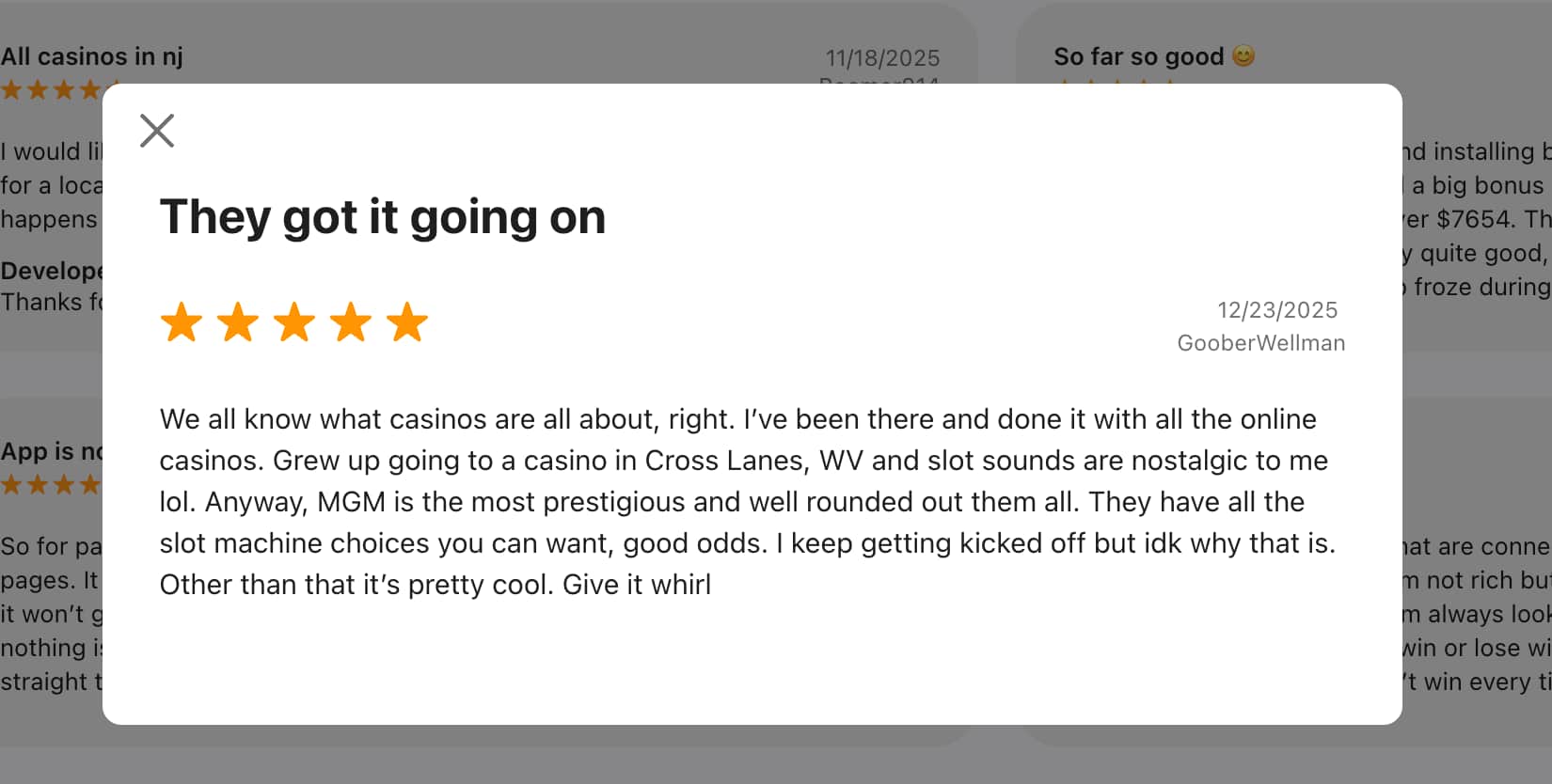 BetMGM Casino review from a user on the App Store