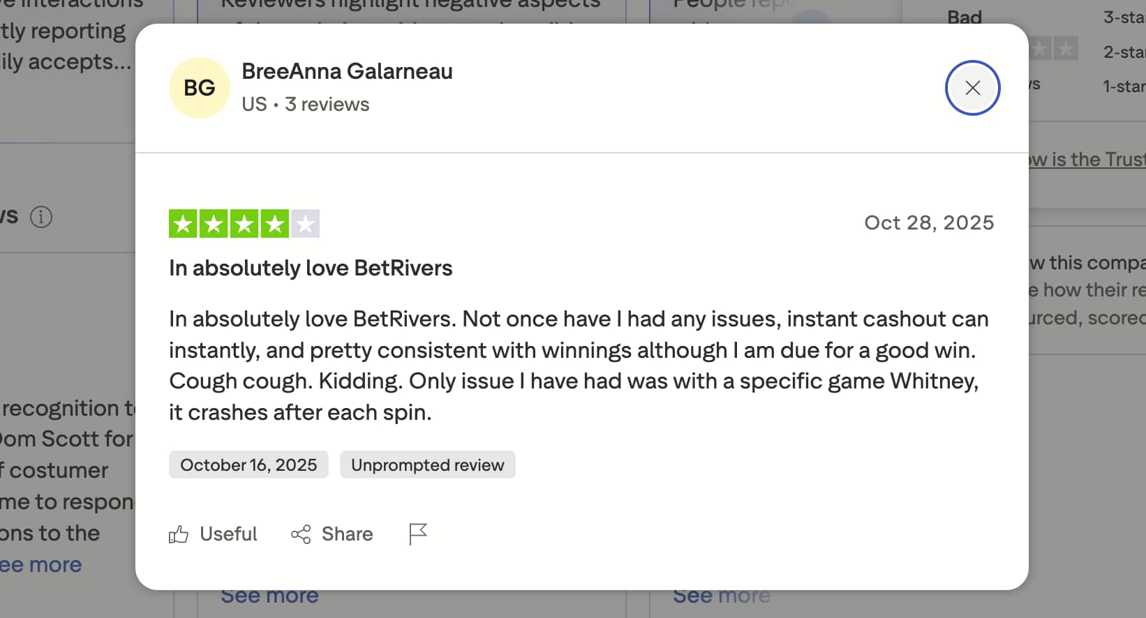 BetRivers Casino Trustpilot review from a BetRivers user