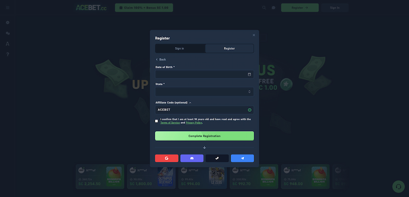 How to Sign-Up for Acebet Step 2