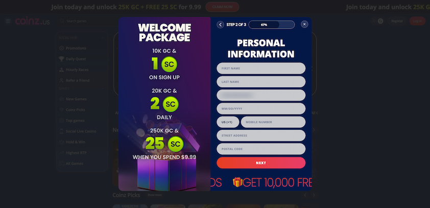 How to Sign-Up for Coinz.us Personal Information