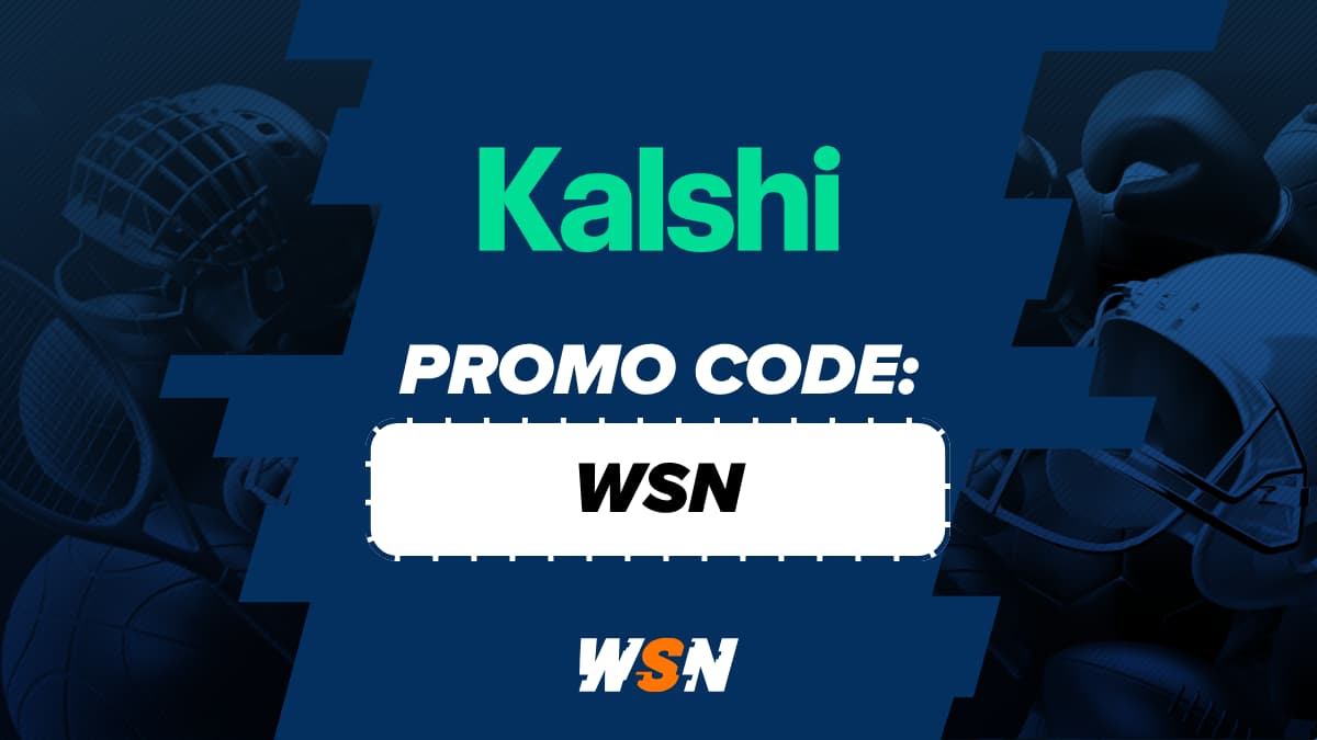 Kalshi Promo Code Feature Image Kalshi prediction market promo code feature image with WSN logo and WSN promo code with sports elements on the side