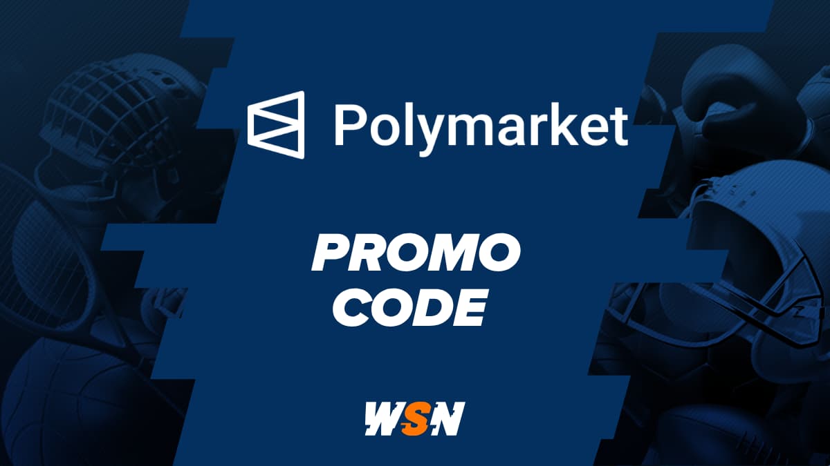 Polymarket Promo Code Feature Image Polymarket prediction market promo code feature image with WSN logo and sports elements on the side
