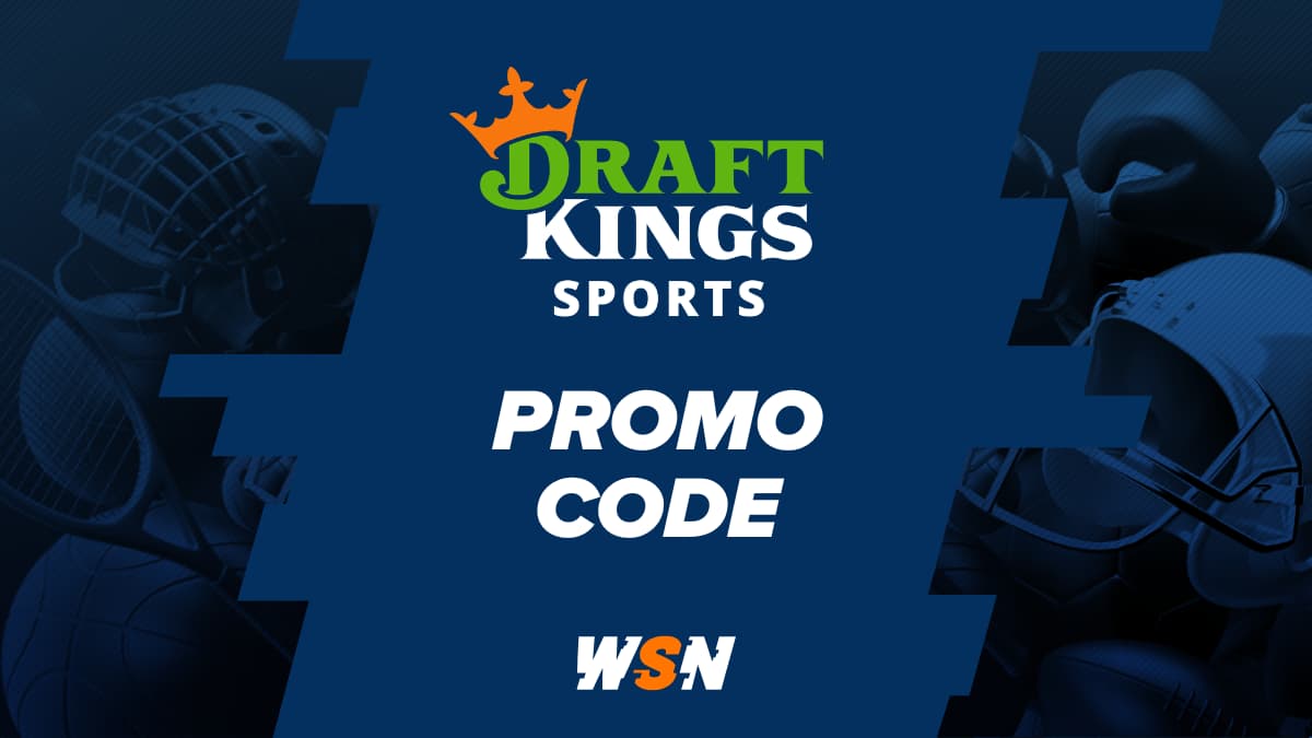 DraftKings Promo Code Feature Image DraftKings Sportsbook promo code feature image with WSN logo and sports elements on the side