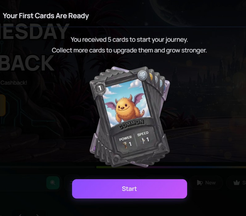 Welcome Bonus ZumbaCards welcome screen confirming five free Battle Cards.