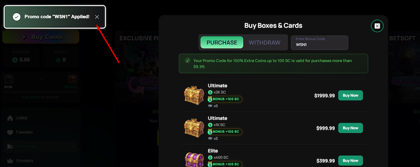 ZumbaCards Bonus Code WSN1 promo code applied in the ZumbaCards store for 150% extra SC, capped at 100 SC.