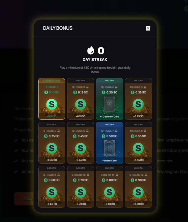 Daily Login Bonus ZumbaCards daily reward ladder starting at 0.10 SC, with a minimum 1 SC gameplay requirement.