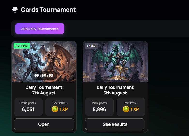 Daily Card Tournaments Active and completed ZumbaCards daily tournaments showing participant totals and XP per battle
