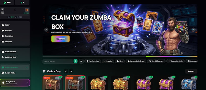 ZumbaCards User Experience ZumbaCards desktop lobby with card collections, daily tournaments, game search and box purchases