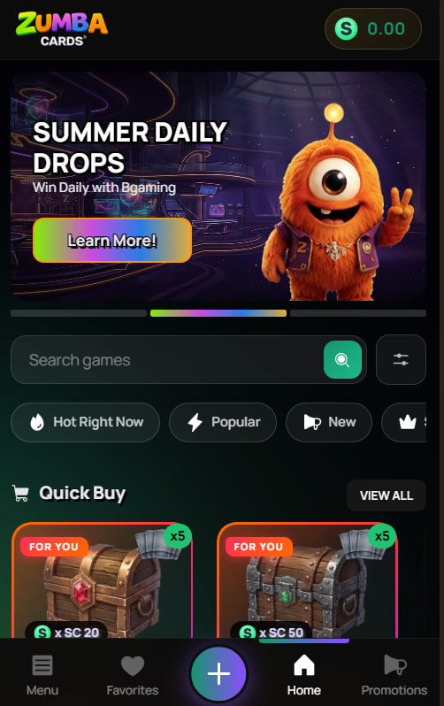 ZumbaCards mobile app ZumbaCards mobile website showing game search, promotional offers and bottom navigation