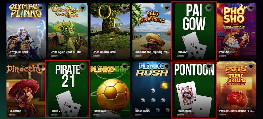 Table Games ZumbaCards game library with Pai Gow, Pirate 21 and Pontoon 21 highlighted