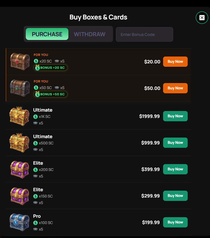 ZumbaCards Payments ZumbaCards store showing $20 and $50 introductory boxes with five cards and additional bonus SC