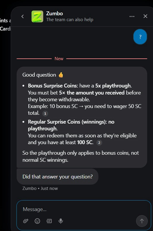 ZumbaCards Customer Support ZumbaCards chatbot explaining bonus SC playthrough and the 100 SC minimum redemption