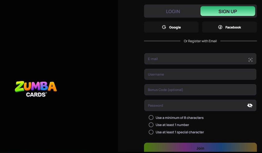 How to Sign Up for ZumbaCards ZumbaCards registration form with email, Google and Facebook signup options