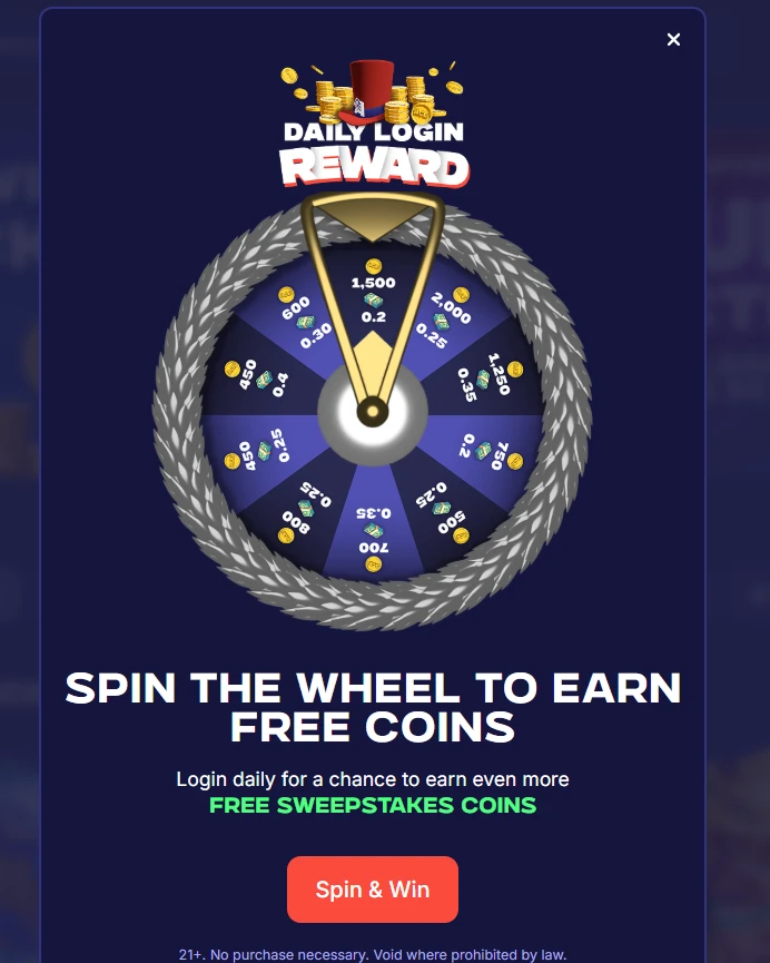 Ace.com daily login reward pop-up with a prize wheel of Gold Coin and Sweeps Coin segments and a spin and win button