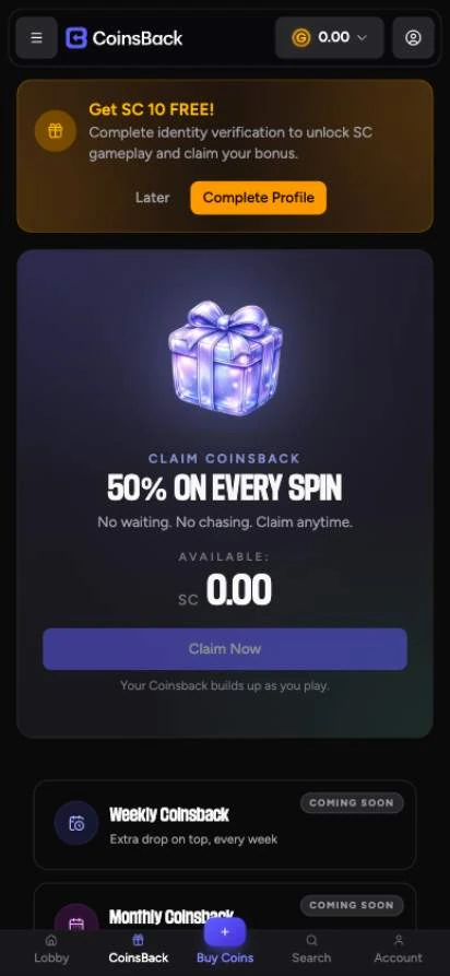 CoinsBack mobile claim coinsback screen with an ID check prompt, a gift box card with a claim now button and upcoming tiers
