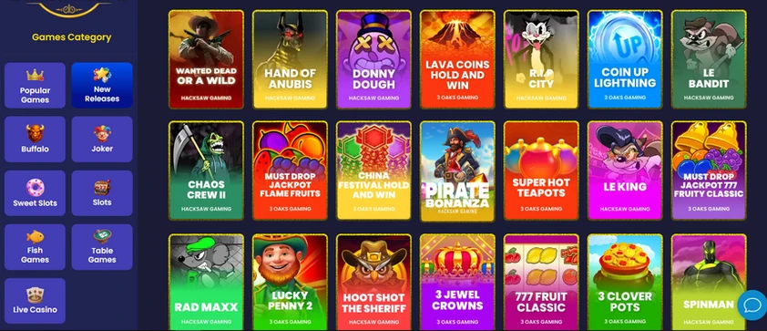 DimeSweeps slots lobby with three rows of slot game tiles labelled by provider beside the games category menu