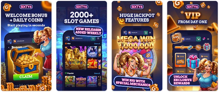 Four Sixty6 app store preview panels showing the welcome bonus chest, slot lobby, jackpot win screen and VIP rewards