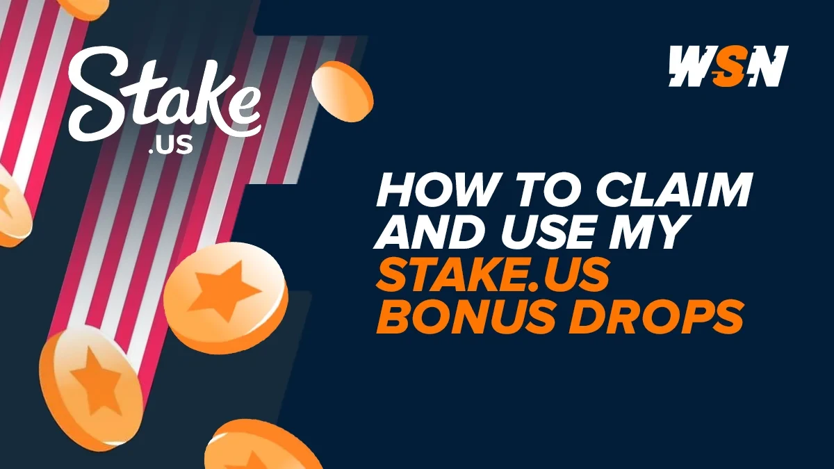 WSN graphic with the Stake.us logo, star-stamped coins on red and white striped trails and a how to claim bonus drops heading