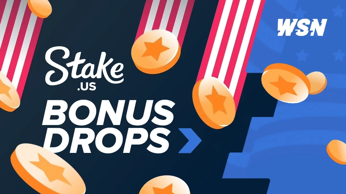 WSN banner with the Stake.us logo and bonus drops text over star-stamped coins falling on red and white striped trails