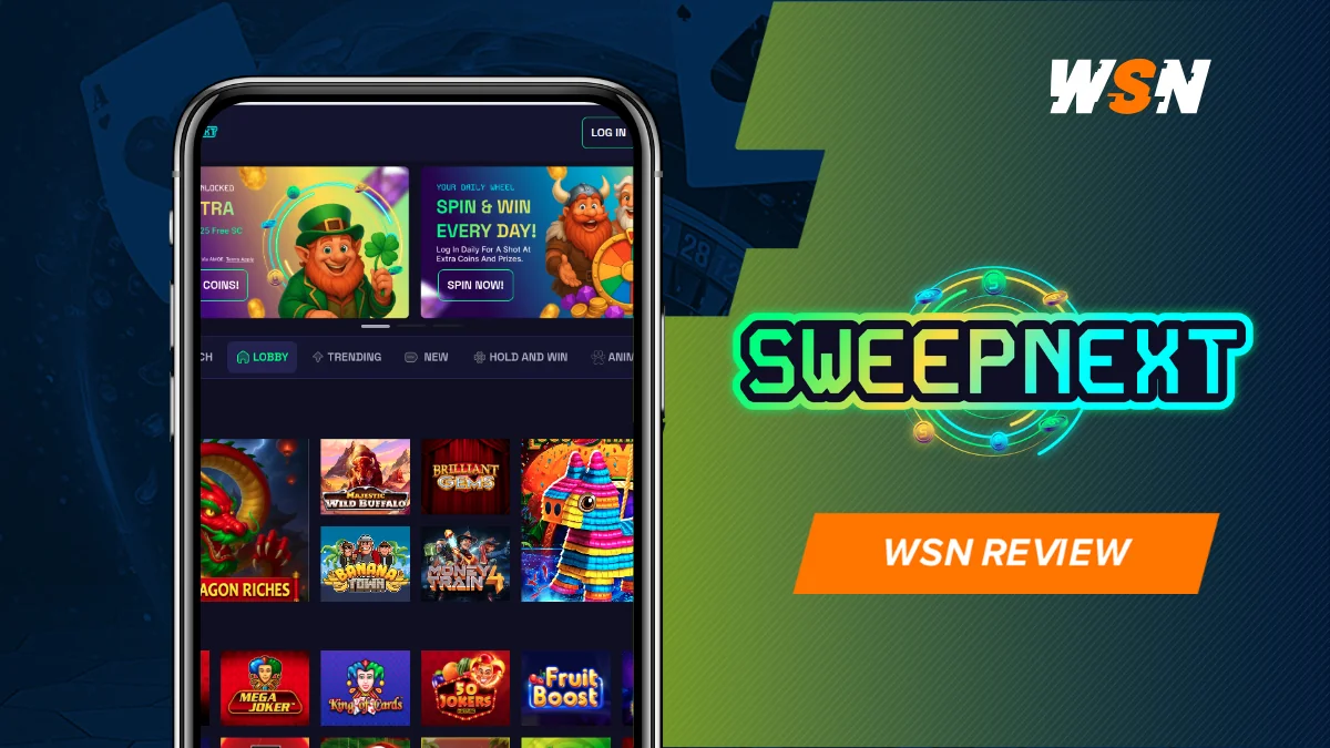 WSN review banner with the neon SweepNext logo beside a phone showing the SweepNext lobby with promo banners and slot tiles