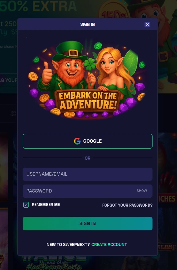 SweepNext sign in modal with leprechaun and fairy artwork, a Google button, username and password fields and a sign in button