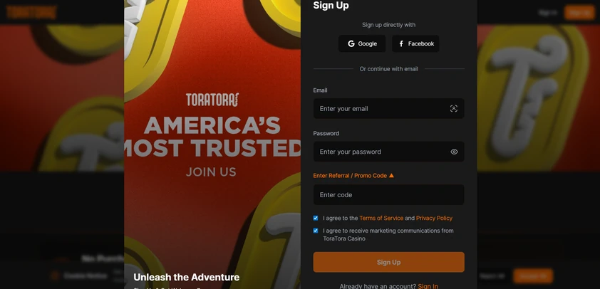 ToraTora sign up modal with Google and Facebook options, email and password fields, a referral code box and two checkboxes